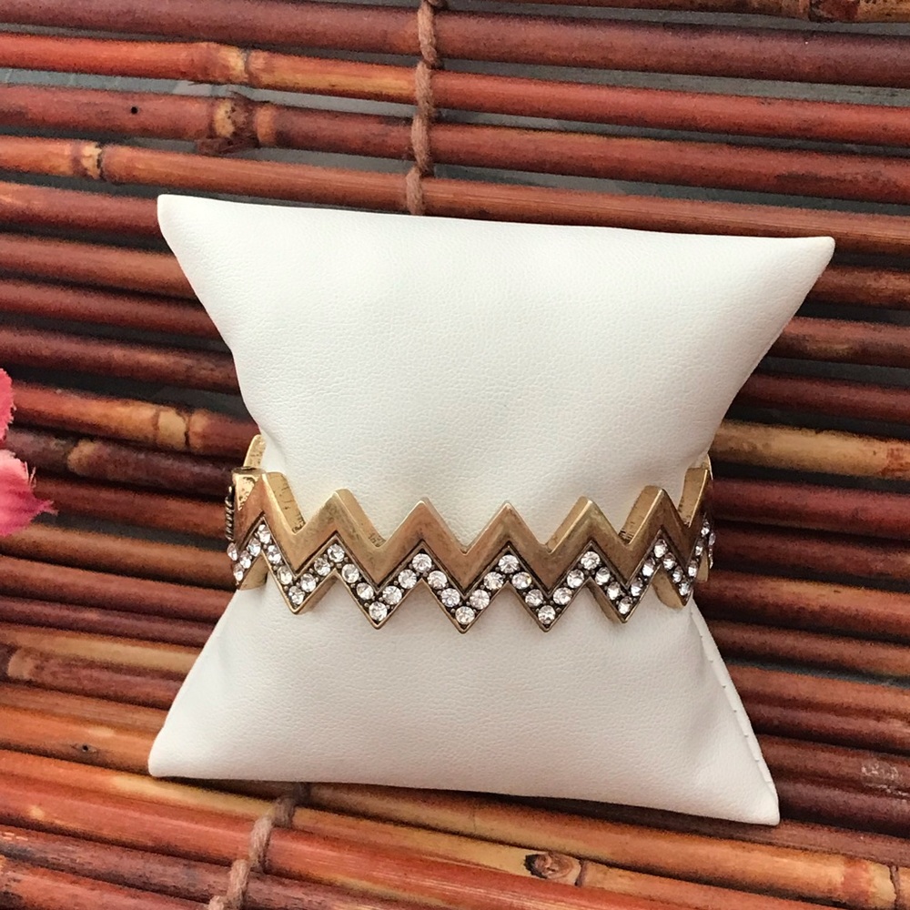 J. Crew Hinged Zig Zag Brass Bangle Bracelet with Rhinestones